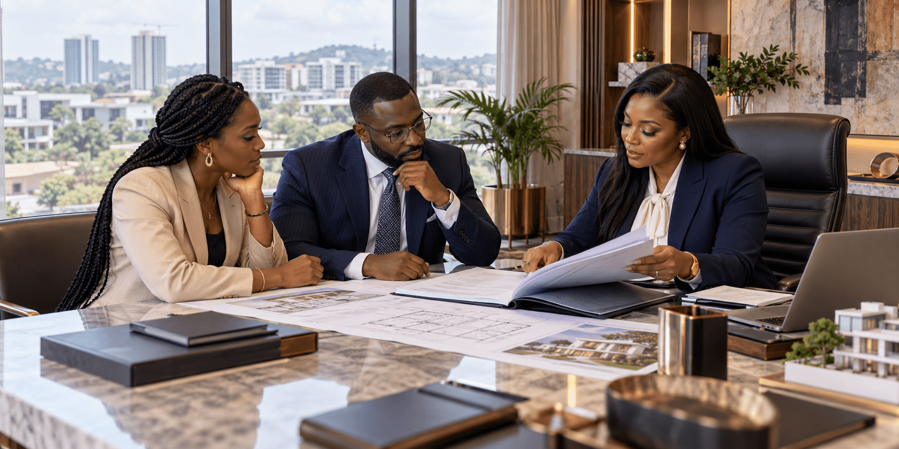 Nigerian property adviser reviewing title documents with clients
